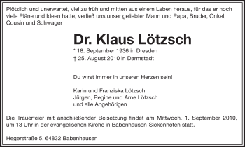 Traueranzeige von Klaus Lötzsch von OFFENBACH-POST/HANAU-POST