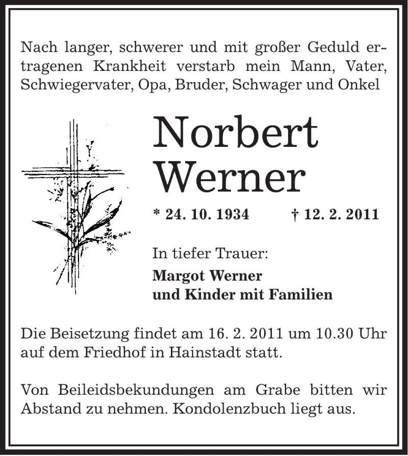  Traueranzeige für Norbert Werner vom 15.02.2011 aus OFFENBACH-POST/HANAU-POST