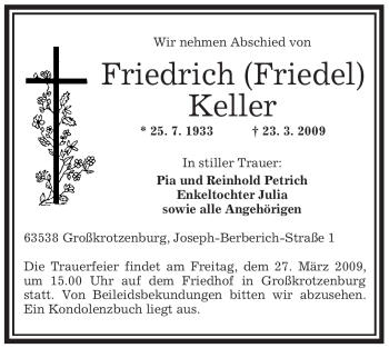 Traueranzeige von Friedrich Keller von OFFENBACH-POST/HANAU-POST