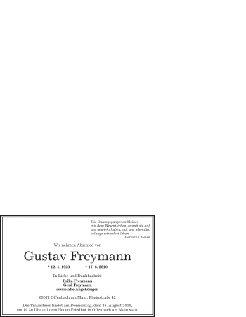 Traueranzeige von Gustav Freymann von OFFENBACH-POST/HANAU-POST