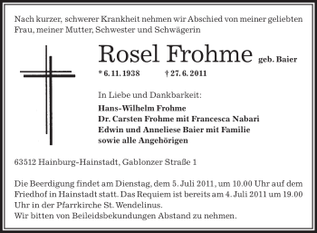 Traueranzeige von Rosel Frohme von OFFENBACH-POST/HANAU-POST