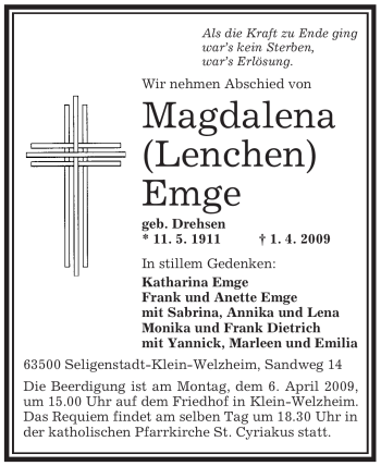 Traueranzeige von Magdalena Emge von OFFENBACH-POST/HANAU-POST