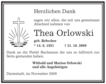 Traueranzeige von Thea Orlowski von OFFENBACH-POST/HANAU-POST