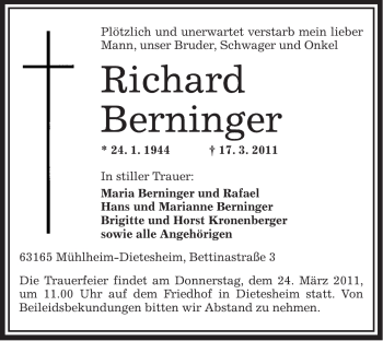 Traueranzeige von Richard Berninger von OFFENBACH-POST/HANAU-POST