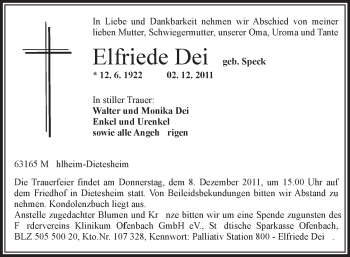 Traueranzeige von Elfriede Deiß von OFFENBACH-POST/HANAU-POST