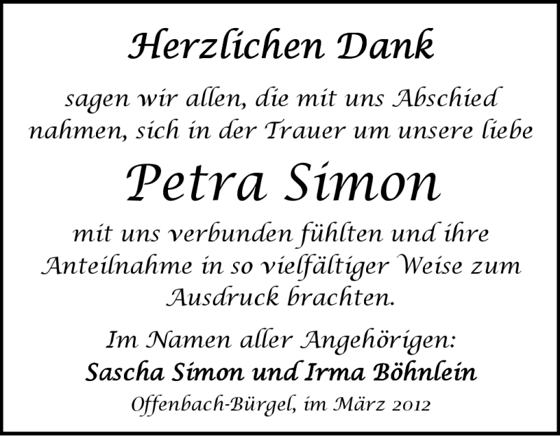  Traueranzeige für Petra Simon vom 24.03.2012 aus OFFENBACH-POST/HANAU-POST