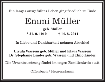 Traueranzeige von Emmi Müller von OFFENBACH-POST/HANAU-POST