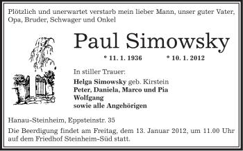 Traueranzeige von Paul Simowsky von OFFENBACH-POST/HANAU-POST