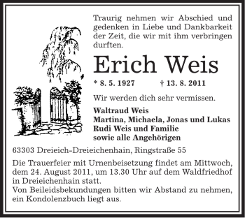 Traueranzeige von Erich Weis von OFFENBACH-POST/HANAU-POST