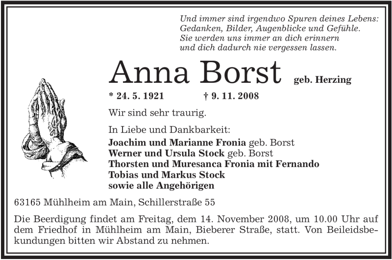  Traueranzeige für Anna Borst vom 12.11.2008 aus OFFENBACH-POST/HANAU-POST