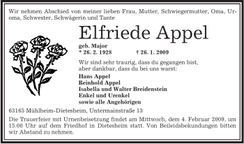 Traueranzeige von Elfriede Appel von OFFENBACH-POST/HANAU-POST