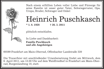 Traueranzeige von Heinrich Puschkasch von OFFENBACH-POST/HANAU-POST