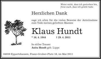 Traueranzeige von Klaus Hundt von OFFENBACH-POST/HANAU-POST