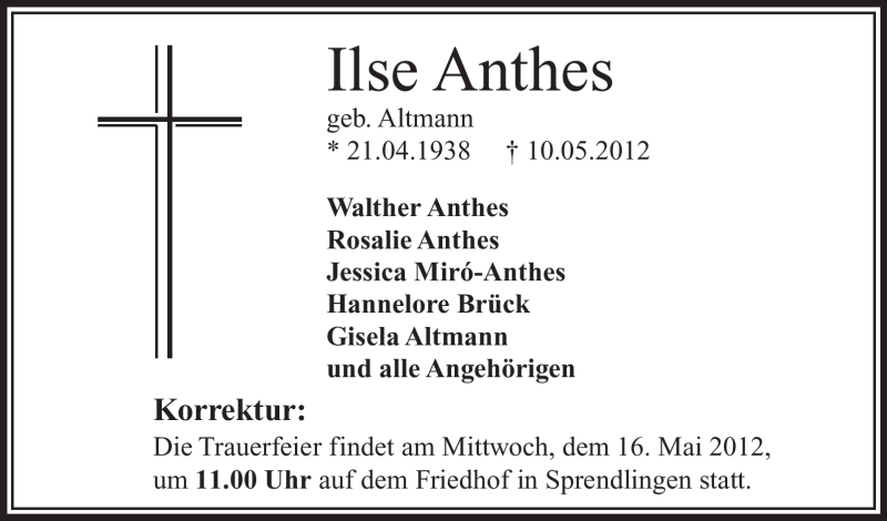  Traueranzeige für Ilse Anthes vom 15.05.2012 aus OFFENBACH-POST/HANAU-POST