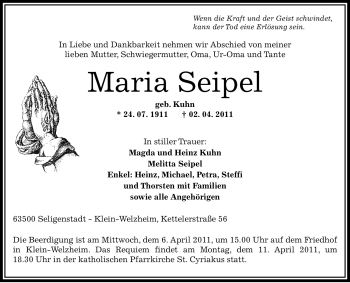 Traueranzeige von Maria Seipel von OFFENBACH-POST/HANAU-POST