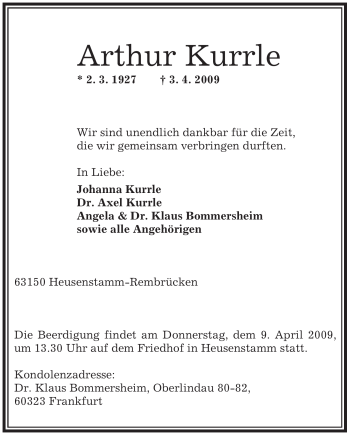 Traueranzeige von Arthur Kurrle von OFFENBACH-POST/HANAU-POST