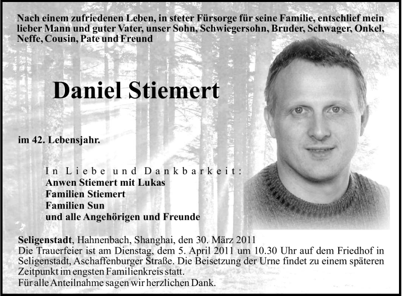  Traueranzeige für Daniel Stiemert vom 01.04.2011 aus OFFENBACH-POST/HANAU-POST