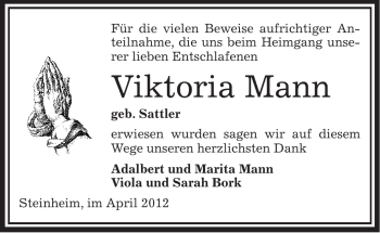 Traueranzeige von Viktoria Mann von OFFENBACH-POST/HANAU-POST