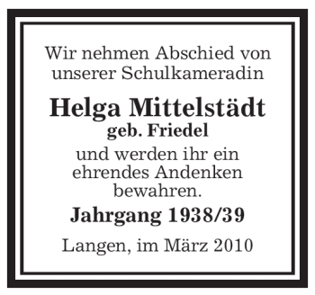 Traueranzeige von Helga Mittelstädt von OFFENBACH-POST/HANAU-POST