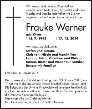 Traueranzeige von Frauke Werner von Offenbach