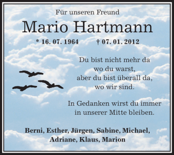 Traueranzeige von Mario Hartmann von OFFENBACH-POST/HANAU-POST