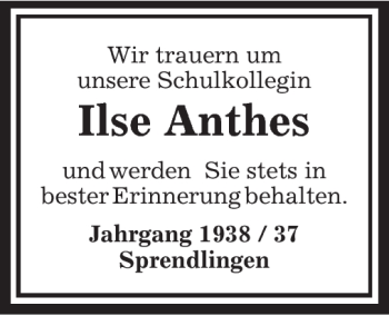 Traueranzeige von Ilse Anthes von OFFENBACH-POST/HANAU-POST