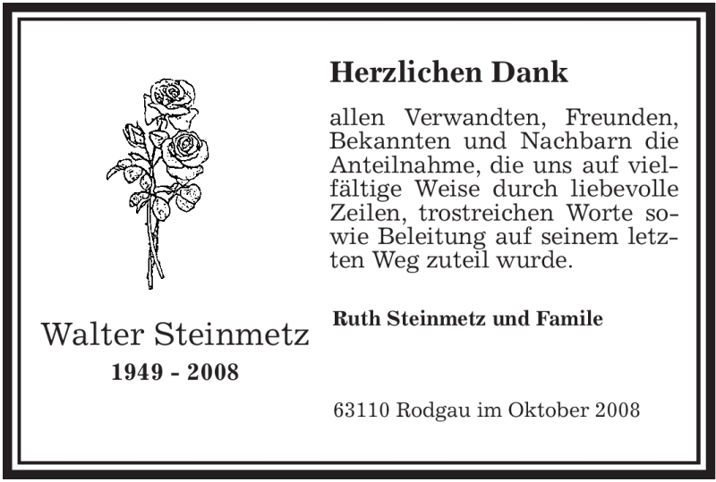  Traueranzeige für Walter Steinmetz vom 25.10.2008 aus OFFENBACH-POST/HANAU-POST