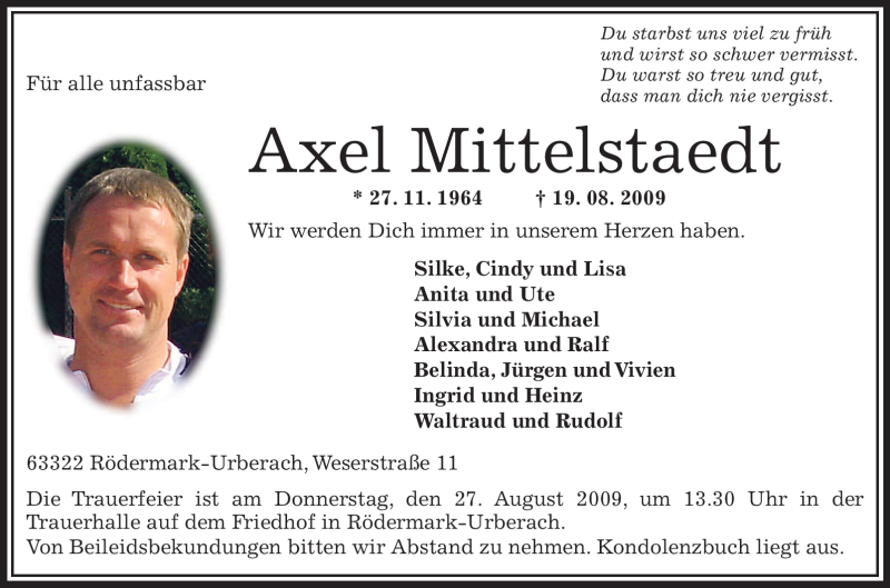  Traueranzeige für Axel Mittelstaedt vom 24.08.2009 aus OFFENBACH-POST/HANAU-POST