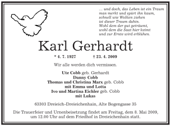 Traueranzeige von Karl Gerhardt von OFFENBACH-POST/HANAU-POST