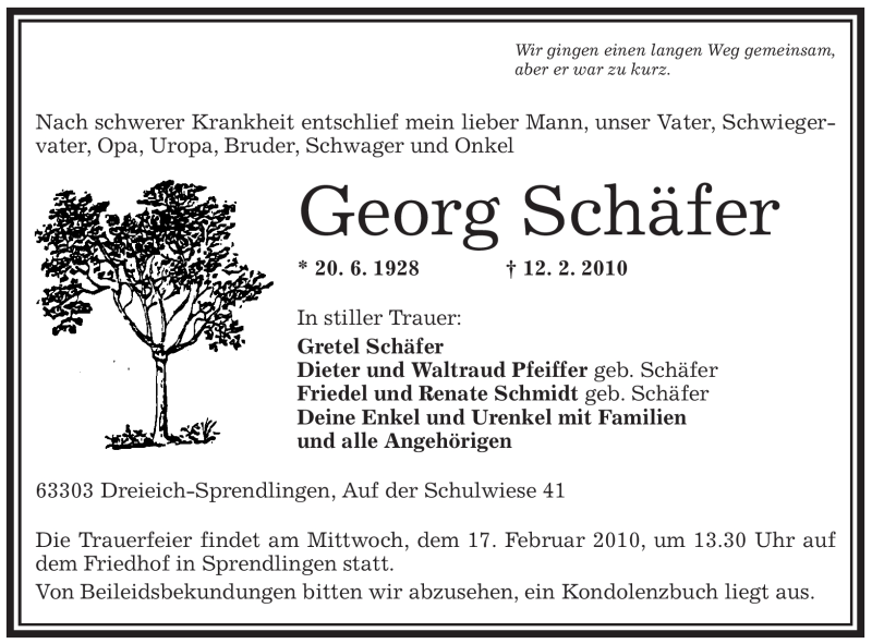  Traueranzeige für Georg Schäfer vom 16.02.2010 aus OFFENBACH-POST/HANAU-POST
