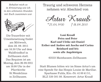 Traueranzeige von Artur Krauß von OFFENBACH-POST/HANAU-POST