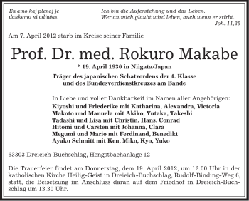 Traueranzeige von Rokuro Makabe von OFFENBACH-POST/HANAU-POST