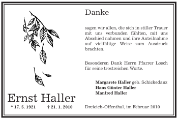 Traueranzeige von Ernst Haller von OFFENBACH-POST/HANAU-POST