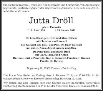 Traueranzeige von Jutta Dröll von OFFENBACH-POST/HANAU-POST