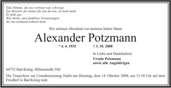 Traueranzeige von Alexander Potzmann von OFFENBACH-POST/HANAU-POST