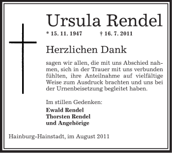 Traueranzeige von Ursula Rendel von OFFENBACH-POST/HANAU-POST