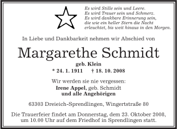 Traueranzeige von Margarethe Schmidt von OFFENBACH-POST/HANAU-POST