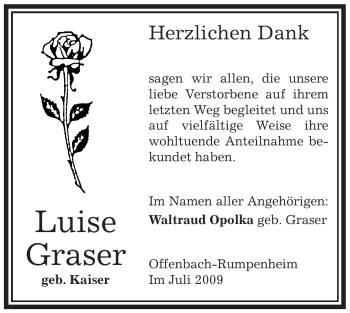 Traueranzeige von Luise Graser von OFFENBACH-POST/HANAU-POST