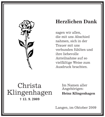 Traueranzeige von Christa Klingenhagen von OFFENBACH-POST/HANAU-POST