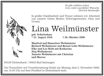 Traueranzeige von Lina Weilmünster von OFFENBACH-POST/HANAU-POST