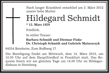 Traueranzeige von Hildegard Schmidt von OFFENBACH-POST/HANAU-POST