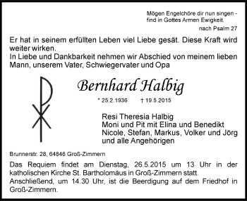 Traueranzeige von Bernhard Halbig von Offenbach