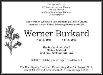 Traueranzeige von Werner Burkard von OFFENBACH-POST/HANAU-POST
