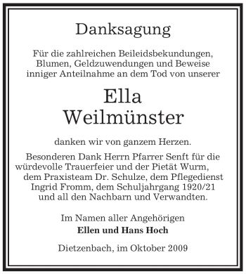 Traueranzeige von Ella Weilmünster von OFFENBACH-POST/HANAU-POST