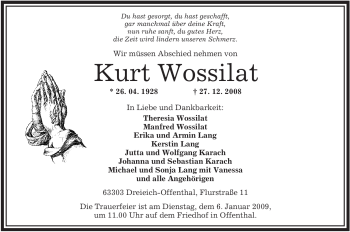 Traueranzeige von Kurt Wossilat von OFFENBACH-POST/HANAU-POST