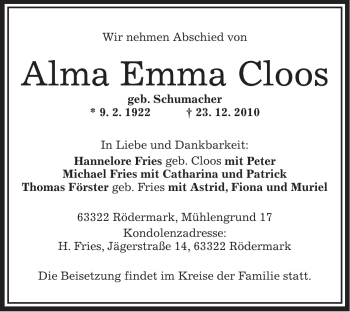 Traueranzeige von Alma Emma Cloos von OFFENBACH-POST/HANAU-POST