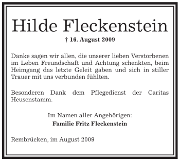 Traueranzeige von Hilde Fleckenstein von OFFENBACH-POST/HANAU-POST