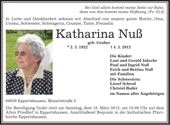 Traueranzeige von Katharina Nuß von OFFENBACH-POST/HANAU-POST