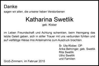 Traueranzeige von Katharina Swetlik von Offenbach