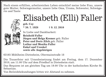 Traueranzeige von Elisabeth Faller von OFFENBACH-POST/HANAU-POST